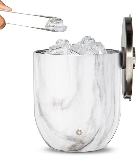 SNOWFOX Premium Vacuum Insulated Stainless Steel Ice Bucket with Lid/Tongs, Non-Rubber Bottom, Home Bar Accessories, Bartending Ice Buckets for Parties, Outdoor Entertaining Supplies, 3L, Marble