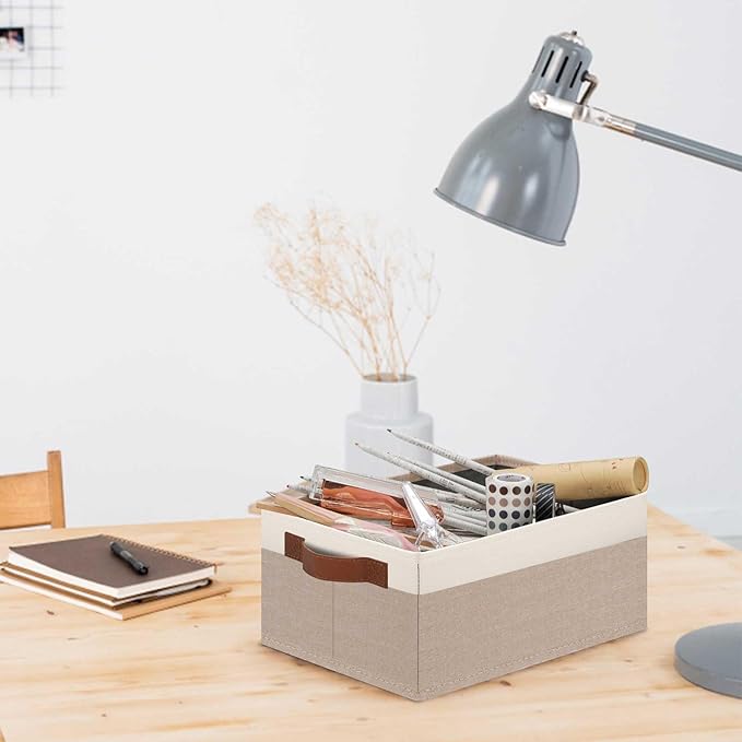 GhvyenntteS Small Fabric Storage Bins 12 Pack, 11.8" x 7.87" x 5.11" Storage Basket with Leather Handles, Closet Storage Bins for Shelves, Storage Baskets for Shelves, DVD Storage (Pink/White)