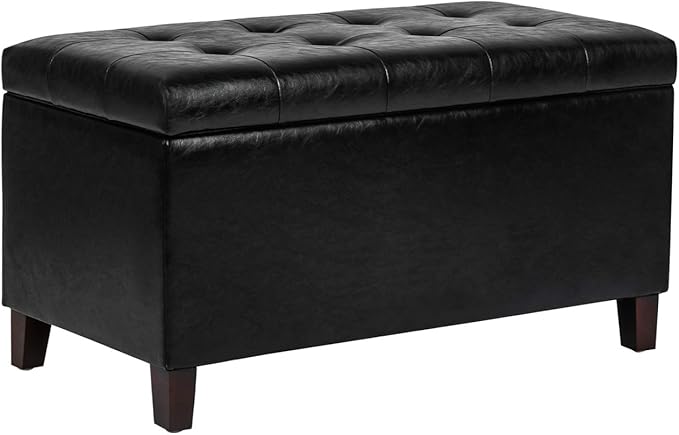 Asense Storage Ottoman Bench, Faux Leather Upholstered End of Bed Bench with Safety Hinge Wooden Legs, for Entryway Bedroom (Black, 33.3")