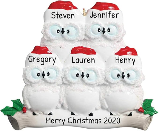 3D Owl Family of 5 Christmas Ornament 2025 Personalized Family Christmas Ornaments 2025 | White Holiday Keepsake Personalized Tree Ornaments Customizable Gifts Woodland Owls of Five Ornament Holly