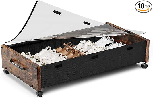 Wooden Under Bed Storage with Wheels, Rolling Under the Bed Storage Bins with Removable Lid, Metal Under Bed Drawers for Clothes and Shoes in Bedroom or Living Room(Vintage Brown-1pack)