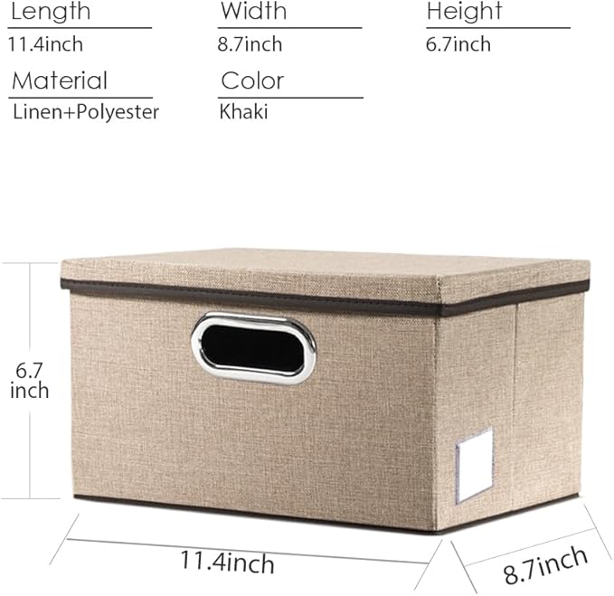 PRANDOM Storage Bins with Lids [3-Pack] Jute Fabric Foldable Storage Boxes Organizer Containers Baskets Cube with Cover for Home Bedroom Closet Office Nursery khaki（11.4X8.6X6.7