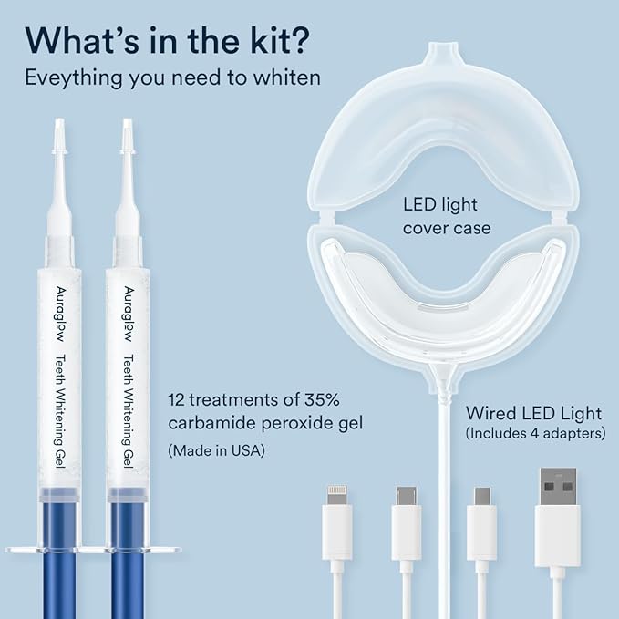 Auraglow Teeth Whitening Kit, Wired LED Accelerator Light, 35% Carbamide Peroxide Teeth Whitening Gel, 12 Whitening Treatments, Whitens up to 10 Shades in 7 Days