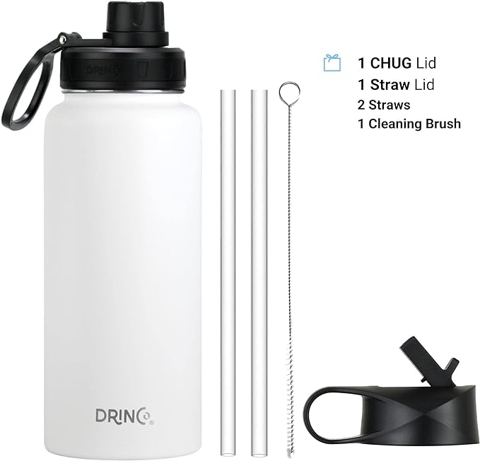 DRINCO Stainless Steel Water Bottle Spout Lid Vacuum Insulated Double Wall Water Bottle Wide Mouth (40oz 32oz 22oz 18oz 14oz) Leak Proof Keeps Cold or Hot (32 oz, 32oz Artic White)