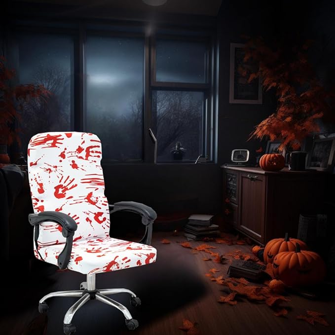Halloween Office Chair CoversHorror Bloody Handprints Footprints on White Horror Theme Print Stretchable Slipcover for Modern Simplism Style High Back Boss Chair(No Chair) (Halloween03, L)…