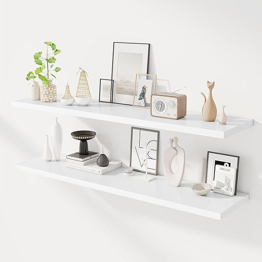 55" Floating Shelves for Wall, 12" Deep Slim White Floating Shelves, Wall-Mounted Shelves for Bedroom, Living Room, Kitchen, Bathroom - Set of 2