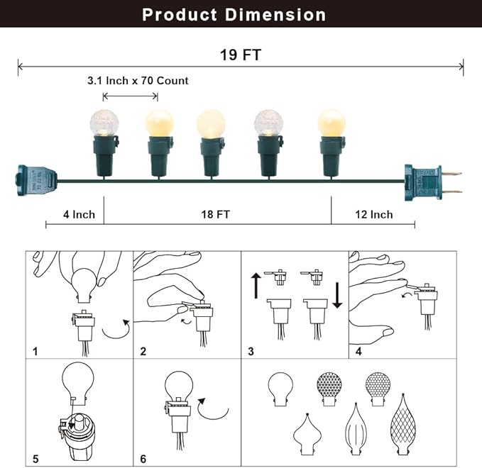 Christmas Lights Warm White 70 LED G15 Glass Blubs Globe String Light Plug in ETL Certified Outdoor Indoor String Light for Holiday Party Christmas Tree Patio Party Garden Yard Gazebo Wedding Decor