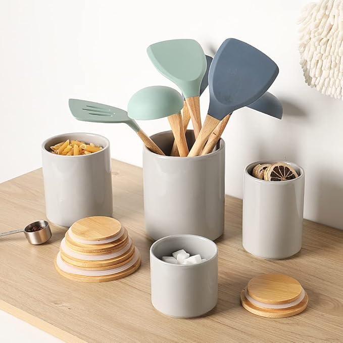 Sweejar Ceramic Kitchen Canister Sets, Porcelain Container for Countertop, Heavy Food Storage Jars with Airthight Seal Bamboo Lid, Servering for Sugar, Coffee Beans, Tea Leaves, Pack of 4（Gray）
