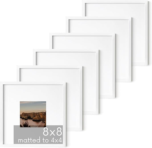 HAUS AND HUES 8x8 White Metal Picture Frames Matted to 4x4 - Features Premium Aluminum, Shatterproof Plexiglass - Ideal for Home, Room, Office (8x8 in, White, Set of 6)