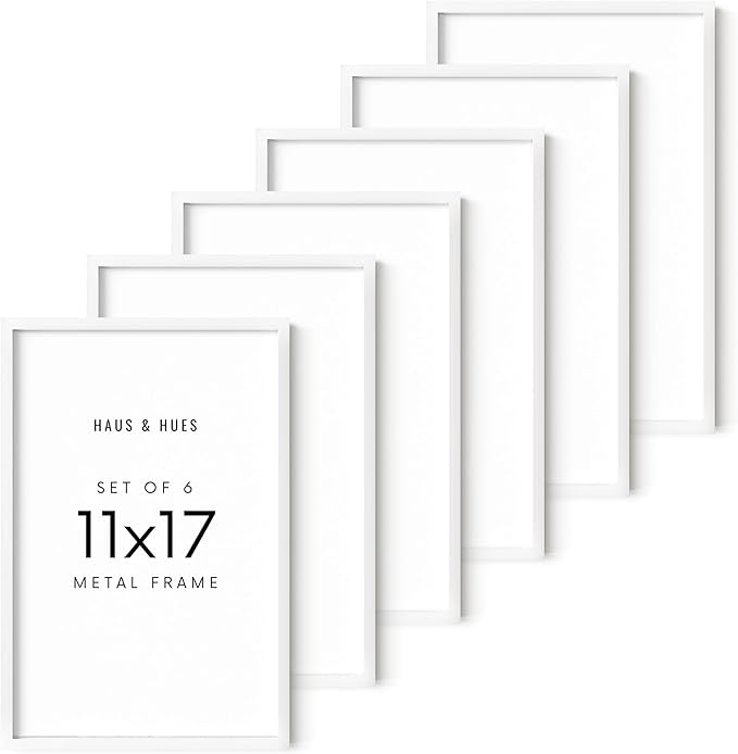 HAUS AND HUES 11x17 White Metal Picture Frames - Features Premium Aluminum, Vertical & Horizontal Hang, Shatterproof Plexiglass - Perfect for Home, Room, Office (11x17 in, White, Set of 6)