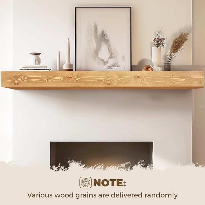 72x8x5 Fireplace Mantel - Handcrafted Rustic Solid Wood Wall Mounted Floating Shelf with Invisible Heavy Duty Wood Bracket (Natural)