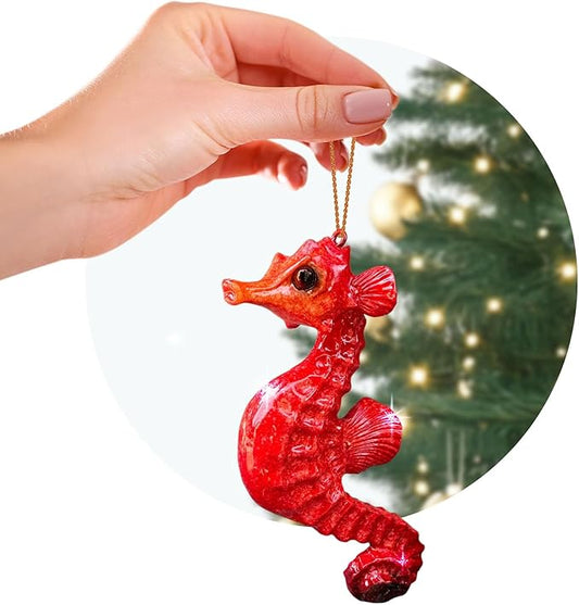 Hand-Painted Beach Christmas Ornament – Coastal Tree Decoration for Ocean Lovers – Unique Nautical Ornament for Christmas Tree or Stocking Stuffer Gift (Red Seahorse)