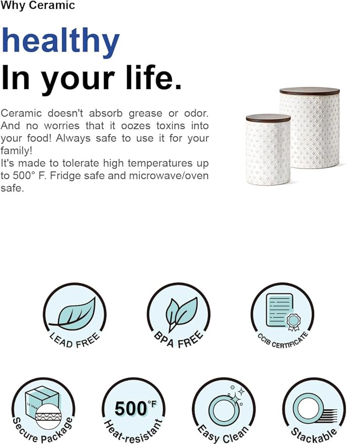 LE TAUCI Food Storage Containers with Airtight Lids, 78/25 oz Ceramic Sugar Canisters Sets, Embossed Large Jars for Pasta, Oats, Coffee Bean, Cookies, Rice, Grains, Tea - Set of 2, Clover