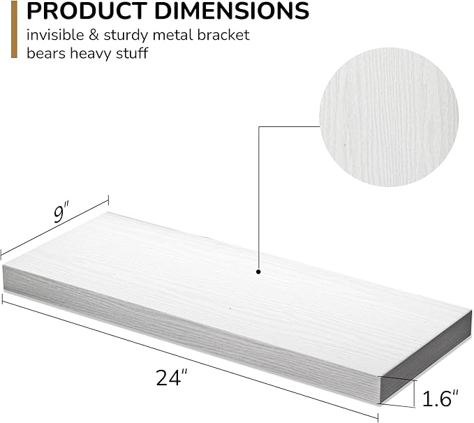 Floating Shelves - 24 Inch Rustic Wooden Wall Shelves - Extra Deeper & Thicker Wall Mounted Storage Shelf for Living Room, Kitchen, Farmhouse - 24" W x 9" D x 1.6" H - Rustic White, 2 Pack