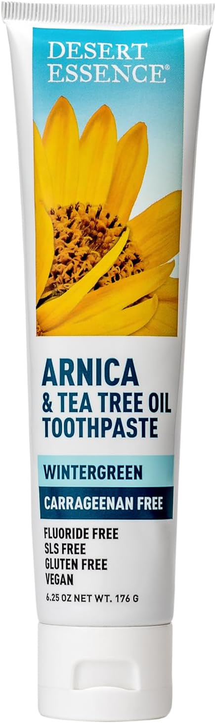 Desert Essence Arnica & Tea Tree Oil Toothpaste – Carrageenan & Fluoride Free – Wintergreen Mint – Vegan, Non-GMO, Gluten-Free – Gently Removes Plaque & Freshens Breath – 6.5 oz