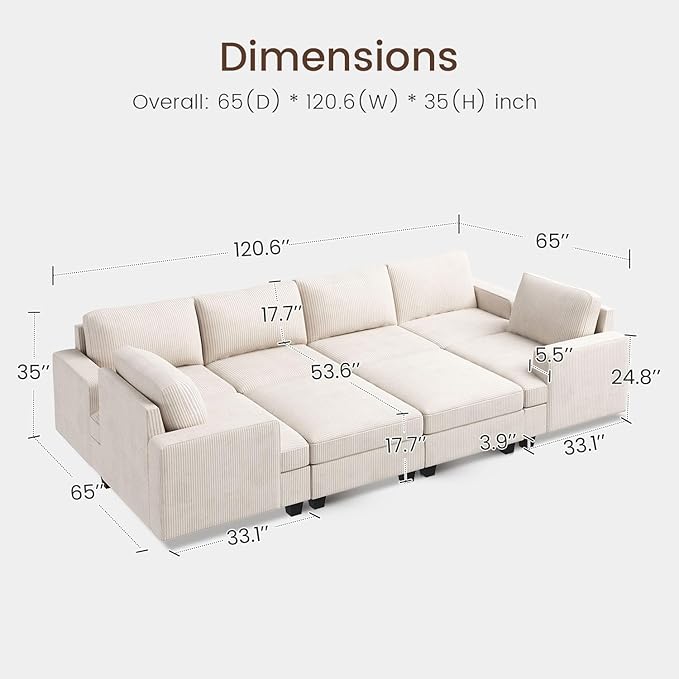 Nolany Modular Sectional Couch with Storage Ottoman, Corduroy Sleeper Sofa with Chaise, Sectional Couches for Living Room, Beige