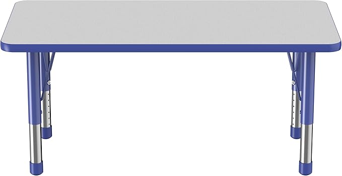 FDP Rectangle Activity School and Kids Classroom Table (24 x 48 inch), Toddler Legs, Adjustable Height 15-24 inches - Gray Top and Blue Edge