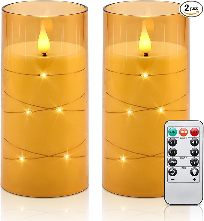 Aignis Flickering Flameless Candles Battery Operated Candles LED Candles with Remote Timer for Home/Wedding/Birthday/Holiday Decor ，Brown 3D Flame Set of 2 (D3 xH6 6")