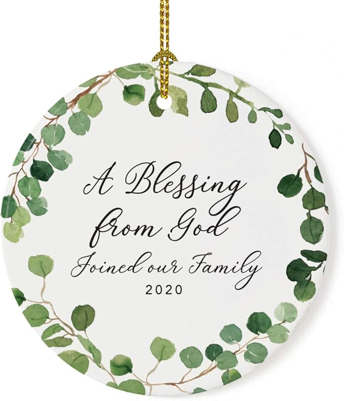 Andaz Press Custom Year Round Ceramic Porcelain Christmas Tree Ornament Keepsake Collectible Gift, A Blessing from God Adopted 2025, Farmhouse Eucalyptus Wreath, 1-Pack