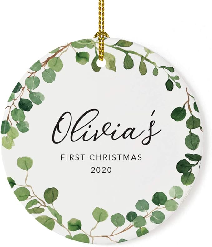 Andaz Press Personalized Round Ceramic Porcelain Christmas Tree Ornament Keepsake Collectible New Baby Gift, Olivia's First Christmas 2025, Farmhouse Eucalyptus Wreath, 1-Packs