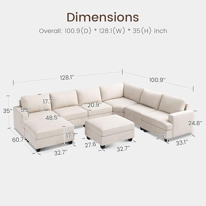Nolany Sectional Couch with Storage Ottoman, U Shape Sectional Sofa with Chaise, Corduroy Modular Sectional Couches for Living Room, Beige
