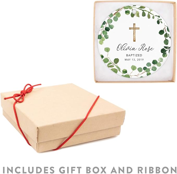 Andaz Press Personalized Baptism Ornament 2025, Round Ceramic Porcelain Baptism Christmas Ornament, Olivia Rose Carter Baptized May 1, 2025, Farmhouse Eucalyptus Wreath, 1-Pack Custom
