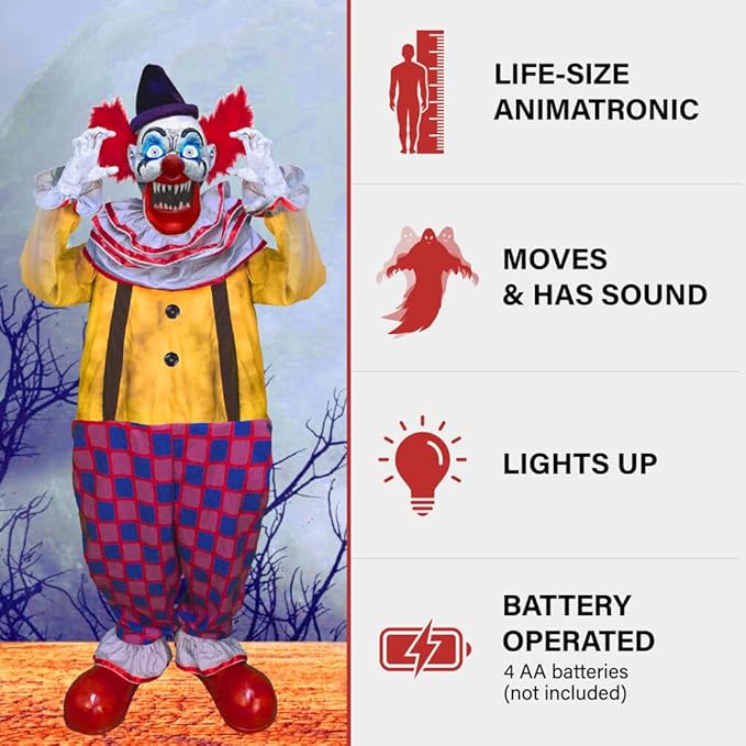 Haunted Hill Farm Motion-Activated Startling Arms Clown by Tekky, Talking Scare Prop Halloween Animatronic for Indoor or Covered Outdoor Creepy Halloween Decorations, Plug-in or Battery Operated