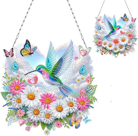 Flowers Hummingbird Diamond Art Kits,5D Diamond Hanging Ornament Kits,DIY Special Shaped Diamond Dot Kits,Home Porch Crystal Hanging Pendant Ornament (Colorful4)