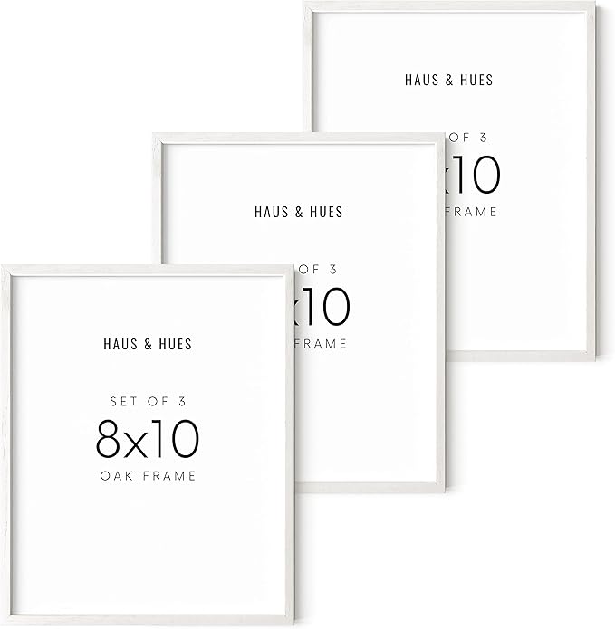 HAUS AND HUES 8x10 Picture Frame Set of 3 - White Picture Frames 8x10, 8 x 10 Wood Picture Gallery Wall, Gallery Wall Frame Set, Wooden Art Frames (White Oak Frame)