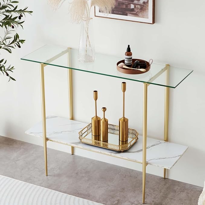Glass Console Table for Living Room, Foyer & Entrance, 2-Tiers Mid-Century Modern Sofa Table with Clear Glass Top, White Marble Finish Wood Shelf and Gold Finish Frame
