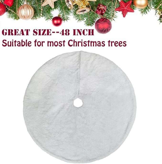 AOGU 48 Inch Faux Fur Christmas Tree Skirt White Shiny Plush Skirt for Merry Christmas Party Christmas Tree Decoration