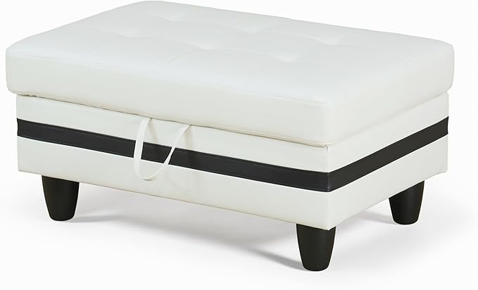 Ottoman Rectangular Storage Ottoman Bench, Faux Leather Footrest, Coffee Table, Stool Footstool with Hinged Lid for Living Room, Bedroom, Entryway, White with Black Strip, 35"x23.5"x17.5"