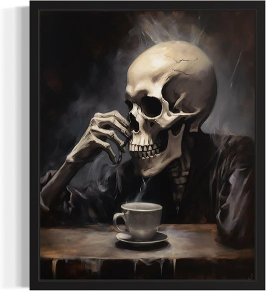 Skull Drinking Coffee Poster Art Print, Halloween Scary Vintage Wall Art Academia Spooky Painting Decoration for Horror Prints, Gothic Posters Bedroom Decor 89 (Skull Drinking Coffee, 16 x 20 inches, Black Frame)
