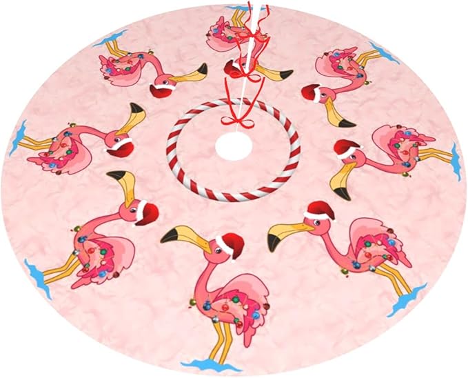 48" Large Christmas Tree Skirt, Christmas Decorated Flamingo Pattern Tree Mat Base Cover for Xmas Festive Holiday Party Decoration Ornaments