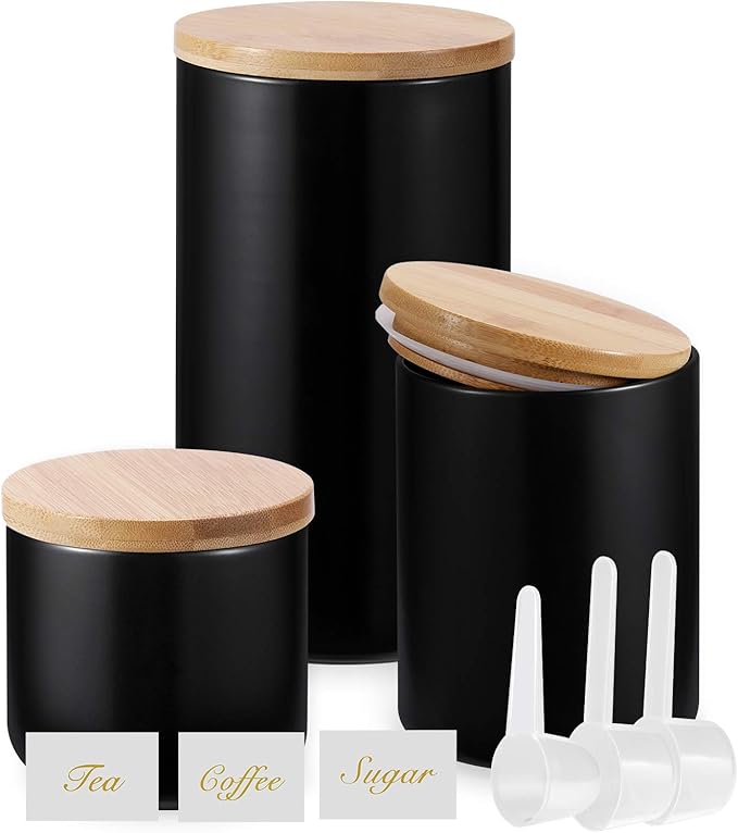Yangbaga Black Canisters Sets for Kitchen-Set of 3 Coffee Canisters for Countertop with Airtight Wood Lids/Spoons/Stickers, Ceramic Food Storage Containers for Large Suger,Coffee,Tea (42/30/9OZ)