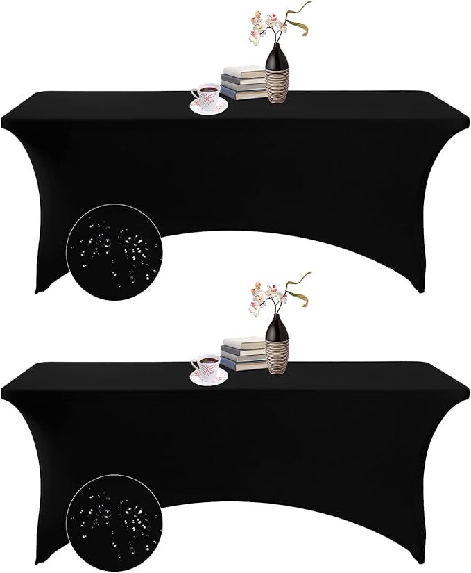 2Pack Spandex Waterproof Rectangular Table Covers, 6FT, Black, Stretchable, Stain Resistant, All-Season, Tablecloth for Party, Wedding, Banquet, Events