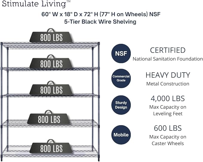 60"x18"x72" Prime Heavy Duty Black 5-Tier Wire Shelving NSF 4000 LBS MAX Capacity Storage Rack for Commercial, Hospital, School, Garage, and Kitchen Uses (with Wheels)