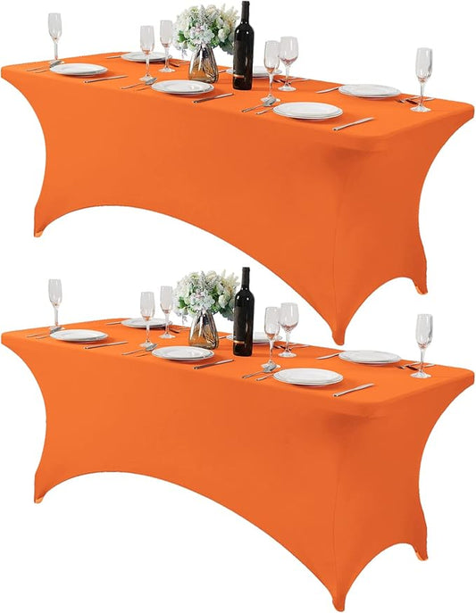 2Pack Spandex Table Cover for 6Ft or 4fT or 8ft Table Universal Fitted Stretch Tablecloth for Party, Banquet, Wedding and Events-Orange