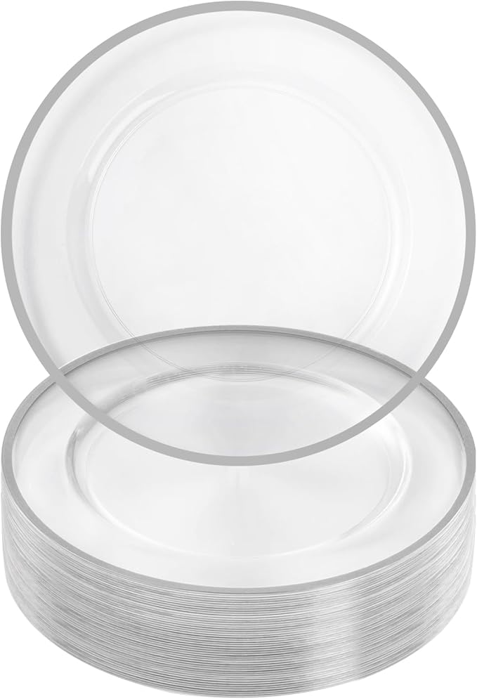 Goodluck 12 Inch Silver Charger Plates, 50 Pack Clear With Silver Trim, Disposable Plastic for Dinner, Wedding, Party