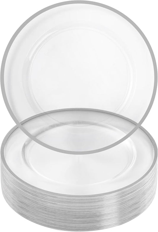 Goodluck 12 Inch Silver Charger Plates, 50 Pack Clear With Silver Trim, Disposable Plastic for Dinner, Wedding, Party