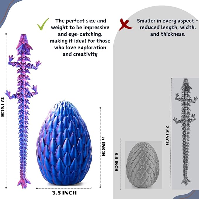 3D Printed 12” Articulated Crystal Dragon Inside 5.1” Egg – Fantasy Collectible, Fidget Toy & Stocking Easter Basket Stuffers for Home & Office Decor (Laser Purple)