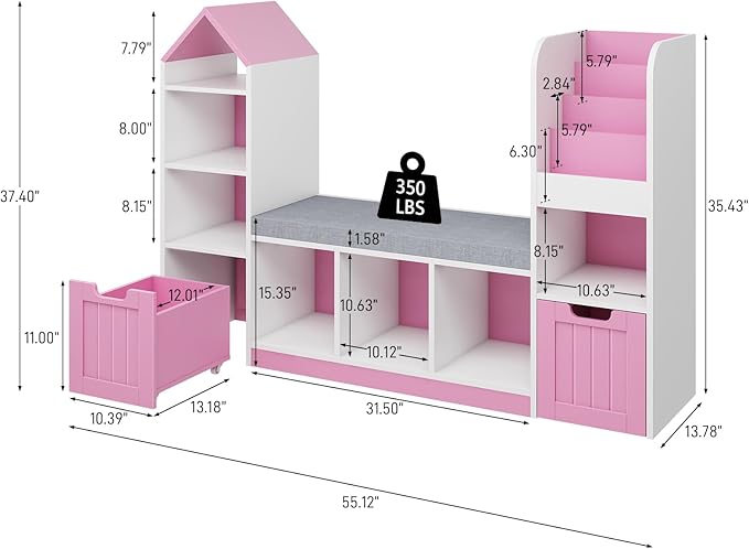 Toy Storage Organizer for Kids Bookshelf with Reading Nook, Multifunctional Kids Bookcase with 7 Storage Cubbies, 2 Movable Drawers and Seat Cushion for Keeping Kids' Toys Books Organized, Pink