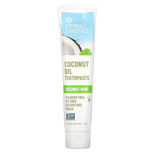 Desert Essence Tea Tree Oil Toothpaste - Coconut Mint - 6.25 Oz - Refreshing Taste - Complete Oral Care - Baking Soda - Sea Salt - Pure Essential Oil - Fights Against Sugar Acids - Zinc Citrate