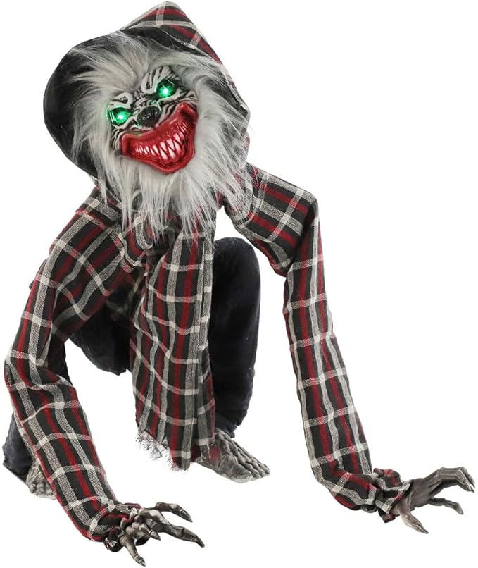 Haunted Hill Farm Squatting Werewolf Animatronic with Movement,Sounds,and Light-Up Eyes for Scary Halloween Decoration,24 x 18 x 30
