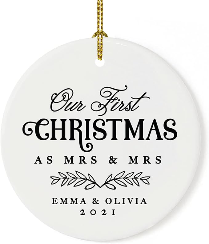 Andaz Press Personalized Our First Christmas As Mrs. & Mrs. 2025 Christmas Ornaments Laurel Wreath Leaves 2.8" Round Porcelain Ceramic Lesbian Married Couple Gay Women Newlyweds Keepsake 1-Pack