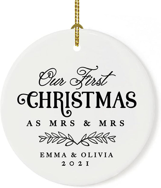 Andaz Press Personalized Our First Christmas As Mrs. & Mrs. 2025 Christmas Ornaments Laurel Wreath Leaves 2.8" Round Porcelain Ceramic Lesbian Married Couple Gay Women Newlyweds Keepsake 1-Pack