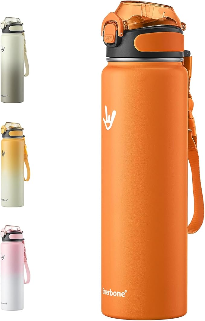 Enerbone 32 oz Insulated Water Bottle, Stainless Steel Bottle with Carrying Strap, Double-Wall Vacuum Insulation Design, Leakproof Sports Bottle with Straw, Keep Drinks Cold or Hot for Hours