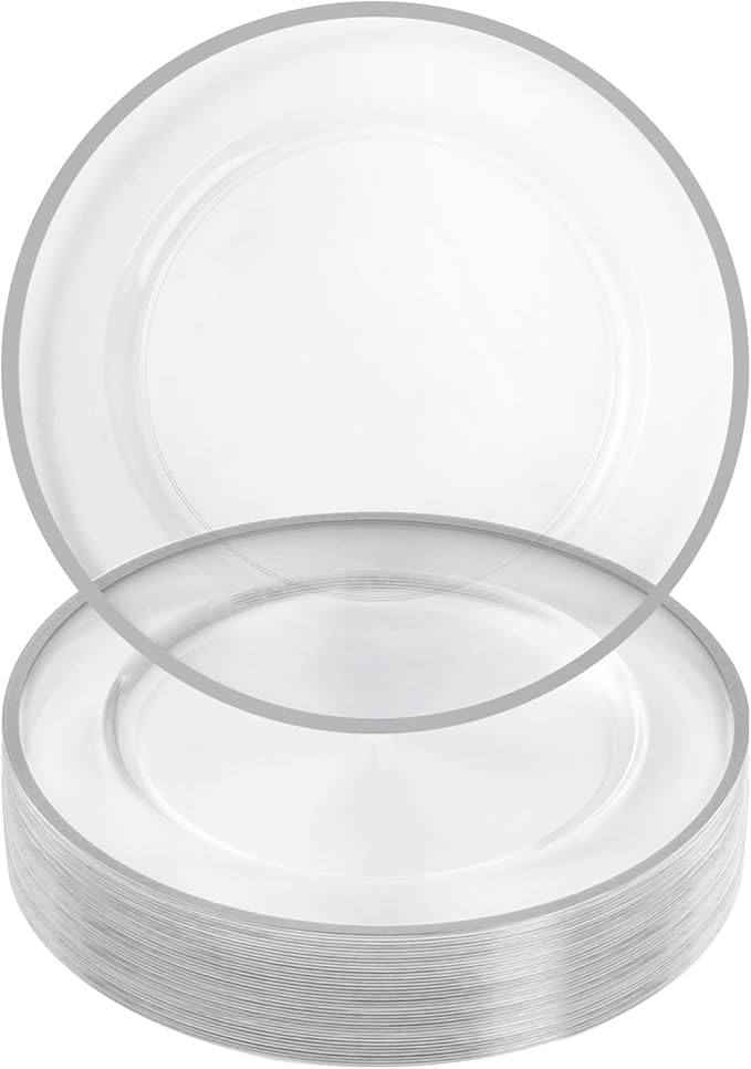 Goodluck 12 Inch Silver Charger Plates, 25 Pack Clear With Silver Trim, Disposable Plastic for Dinner, Wedding, Party
