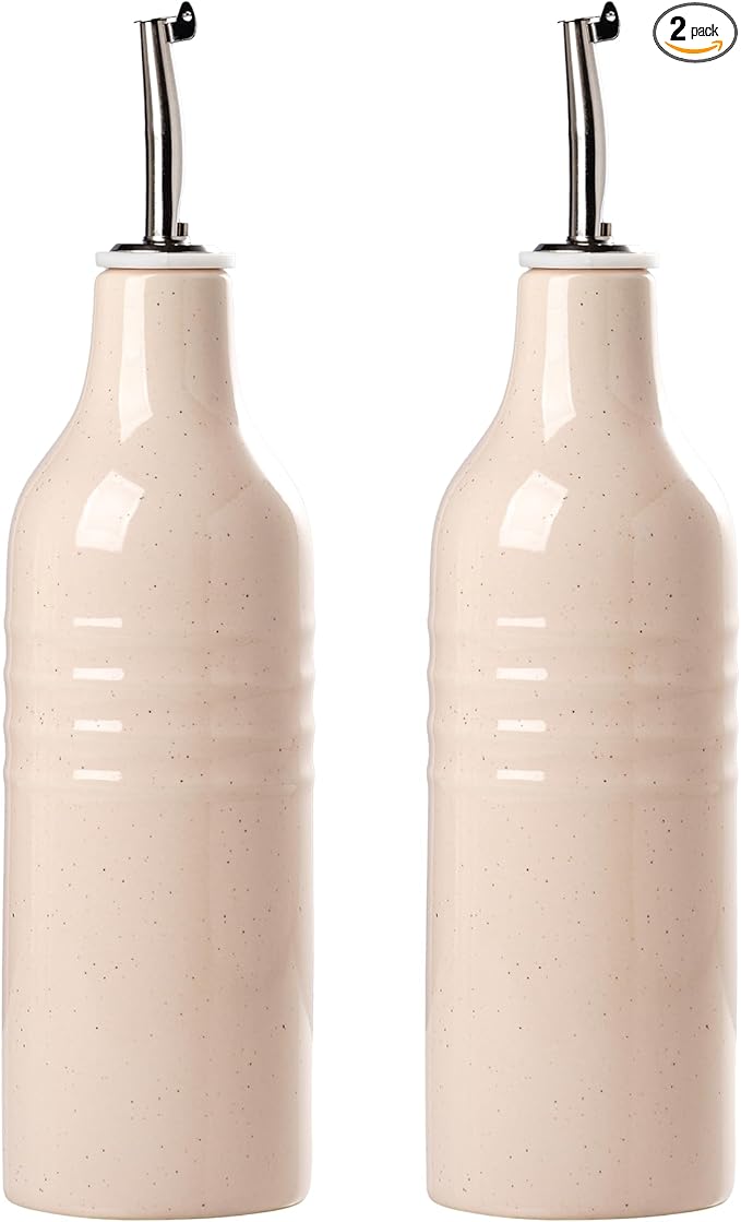 famiware Jupiter 16oz Ceramic Olive Oil Dispenser Bottle, Olive Oil and Vinegar Dispenser Bottle Set of 2 with Stainless Steel Pourers, Suitable for Storage Vinegar, Liquids, Light Pink