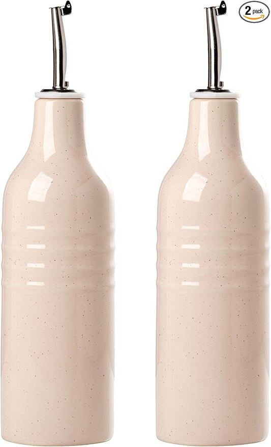 famiware Jupiter 16oz Ceramic Olive Oil Dispenser Bottle, Olive Oil and Vinegar Dispenser Bottle Set of 2 with Stainless Steel Pourers, Suitable for Storage Vinegar, Liquids, Light Pink